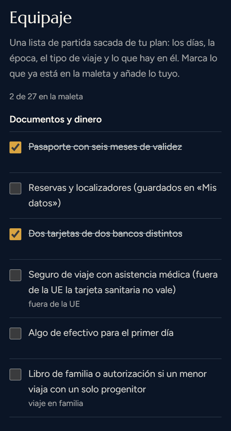 La sección «Equipaje» del plan: una lista de cosas con casillas, dos ya marcadas, y el motivo de cada una debajo