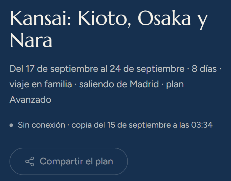 La cabecera del plan con la banda «Sin conexión · copia del» y la fecha y hora de la copia