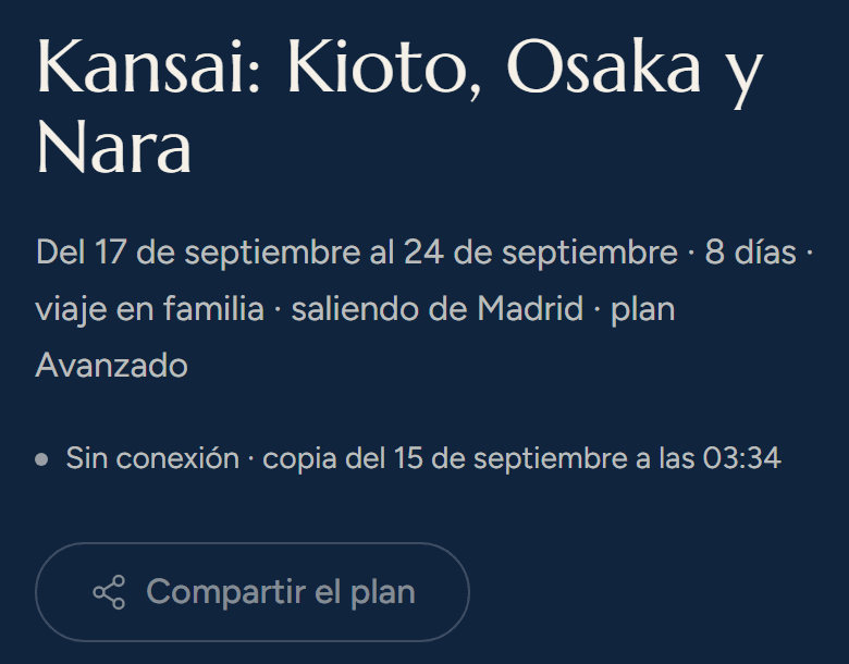 La cabecera del plan con la banda «Sin conexión · copia del» y la fecha y hora de la copia